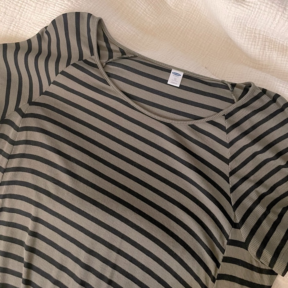 Olive green and black striped rubbed Tshirt swing dress